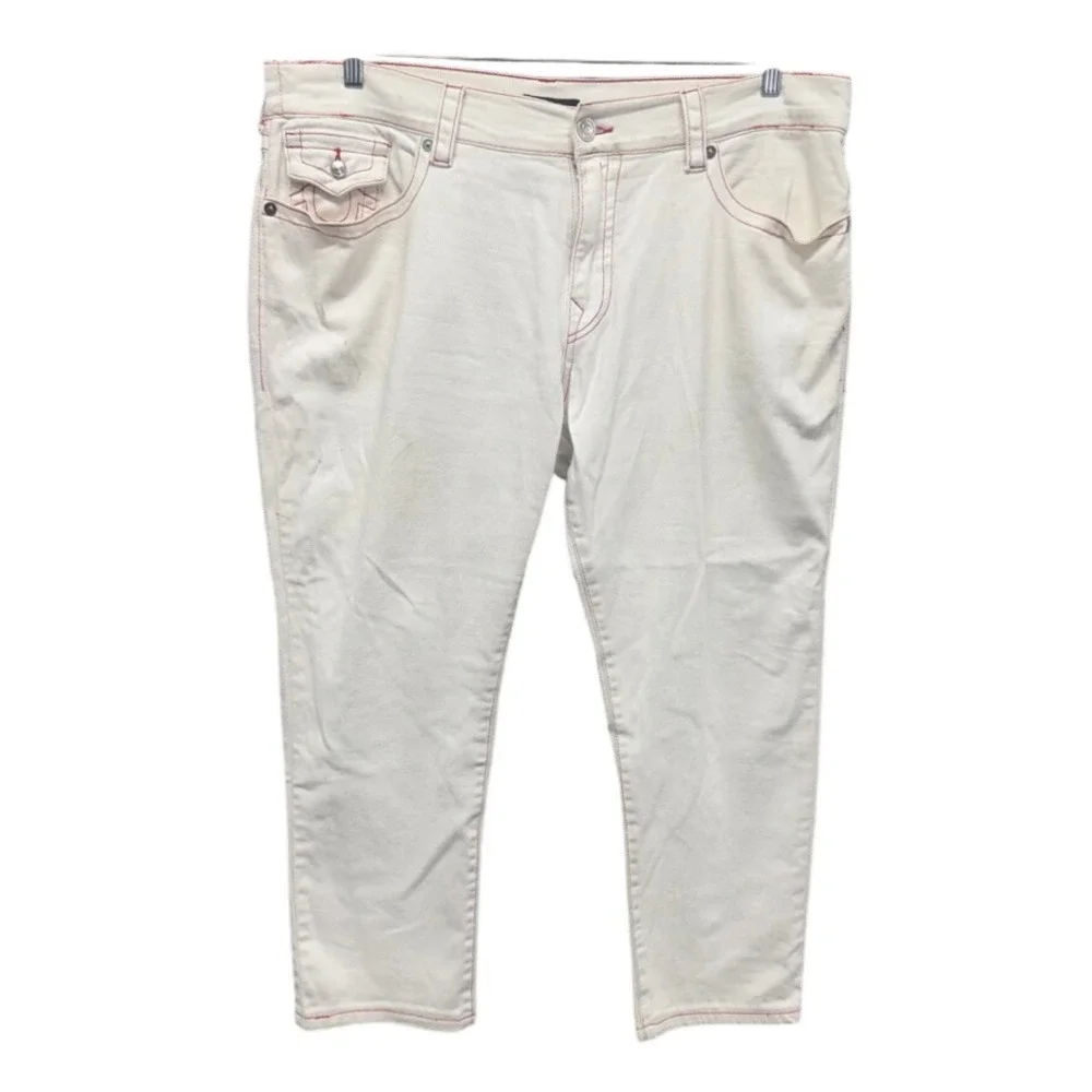 True Religion Ricky Relaxed Straight White Red Stitch Jeans Mens 38 x 27